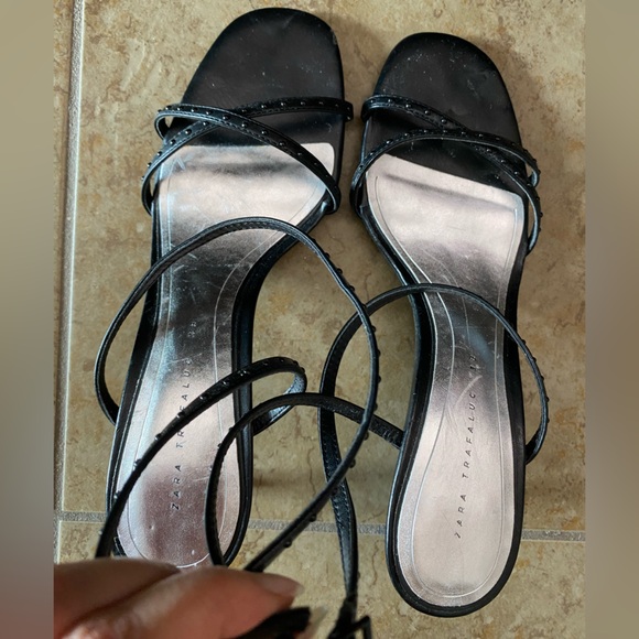 Zara black high heels sandal shoes with thin Crossed studded straps size 38 7.5 - Picture 4 of 11